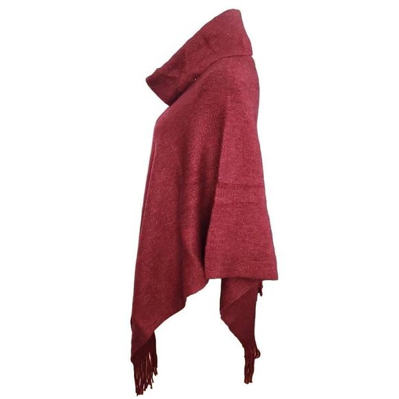 Chico's Women's One Size Red Wild Poppy Cowl Neck Fringe Poncho - Picture 2 of 6